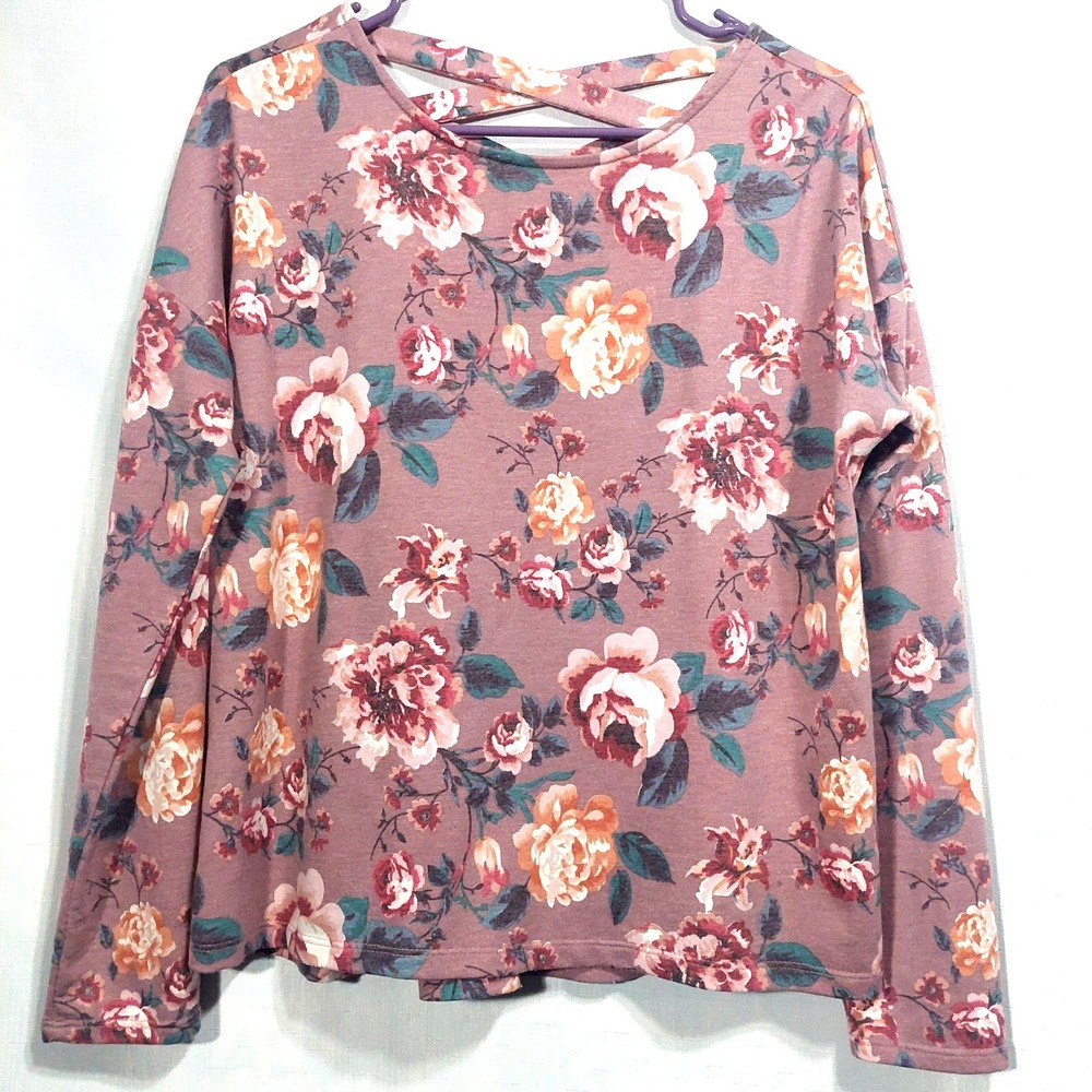 The Line of Style Womens Boxy Popover Top Size Large Braided‎ Back Mauve Floral
